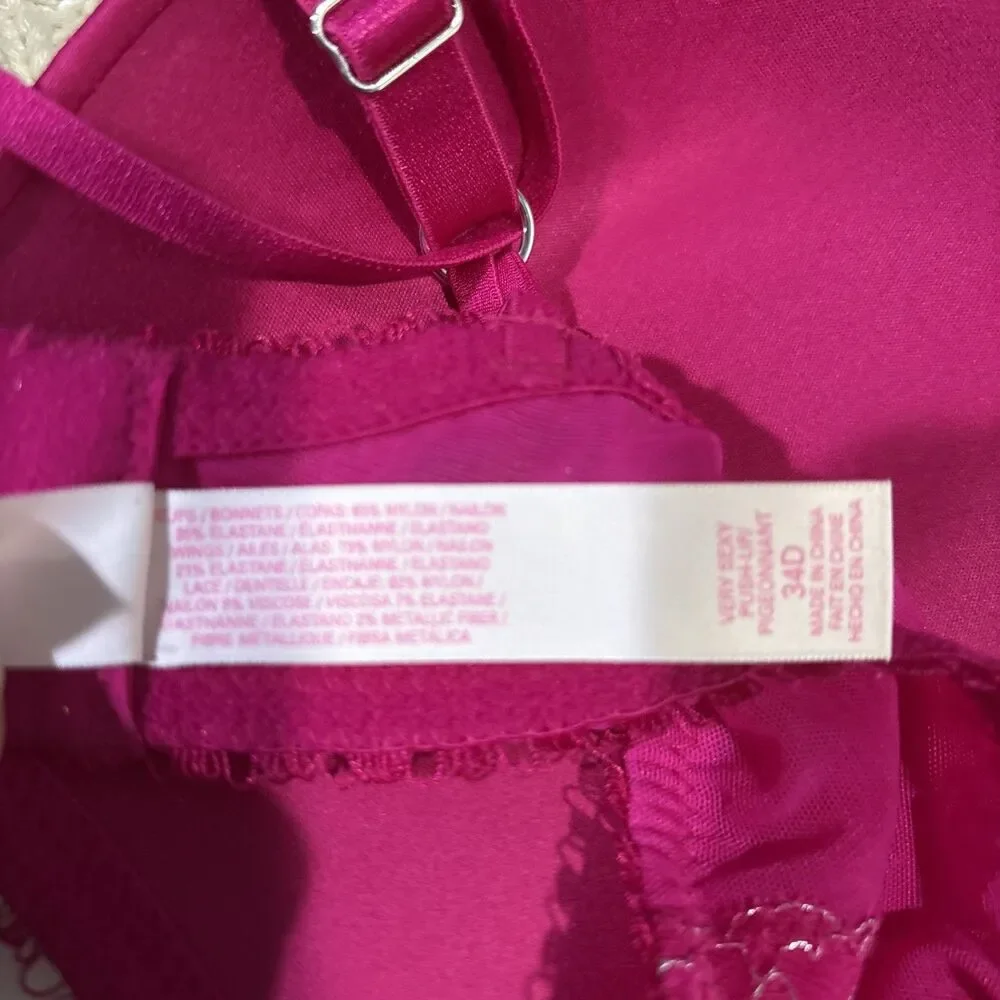 Victoria's Secret Bra Women's 34D Pink Very Sexy Push Up Lace Floral Underwire